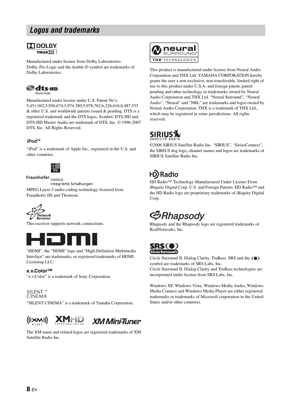Logos and trademarks | Yamaha RX-Z7 User Manual | Page 8 / 178