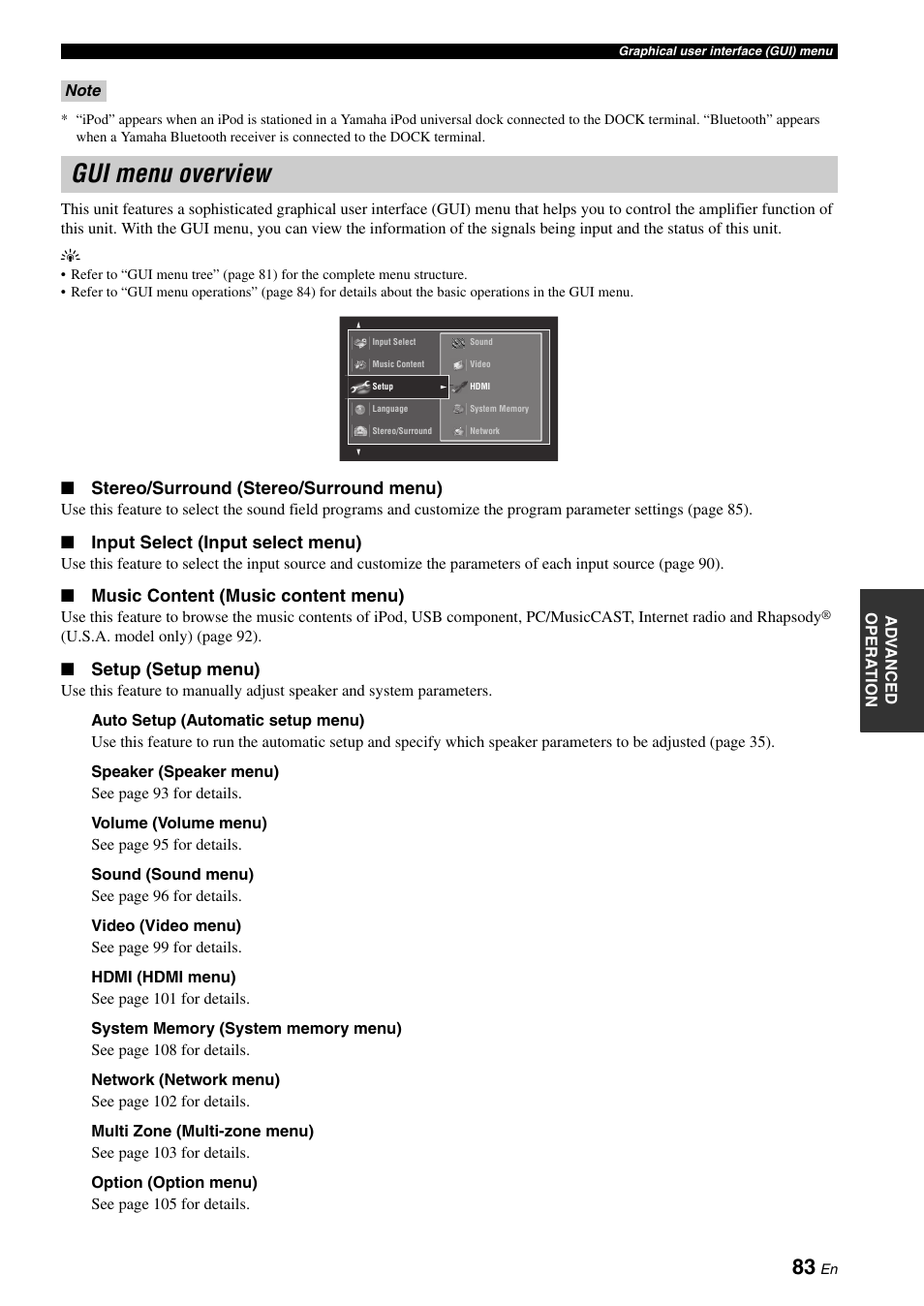 Gui menu overview | Yamaha RX-Z7 User Manual | Page 83 / 178