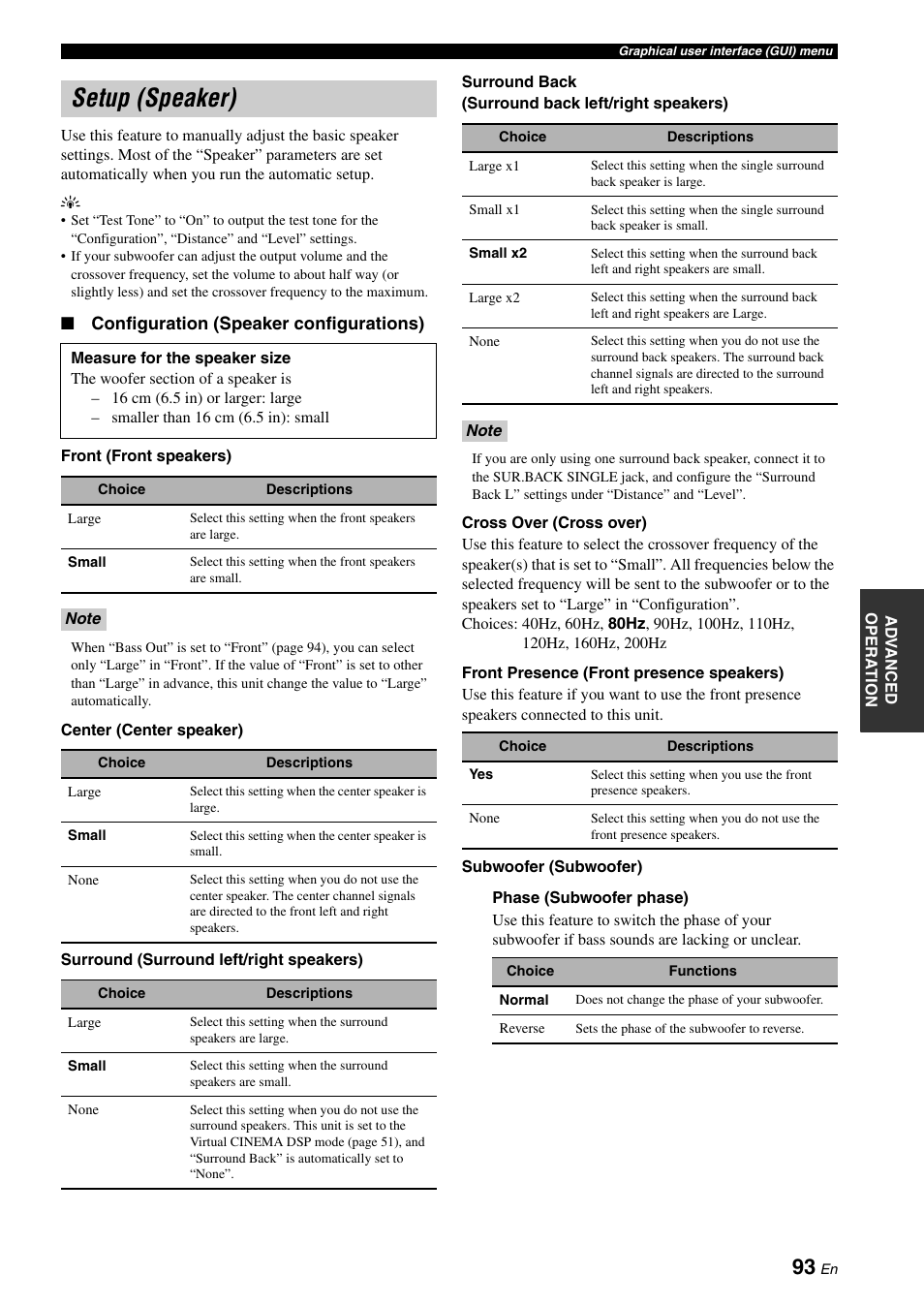 Setup (speaker), Ound back” setting, To output the | Yamaha RX-Z7 User Manual | Page 93 / 178