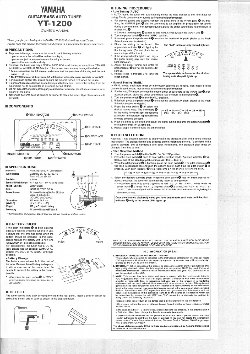 Yamaha, Yt-1200, Guitar/bass auto tuner | Yamaha YT-1200 User Manual | Page 2 / 4