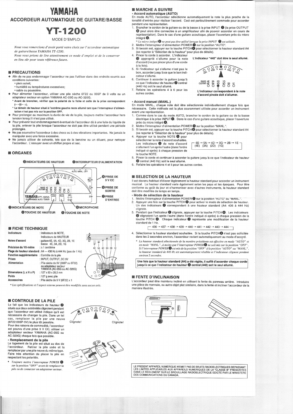 Yamaha, Yt-1200, Accordeur automatique de guitare/basse | Yamaha YT-1200 User Manual | Page 3 / 4