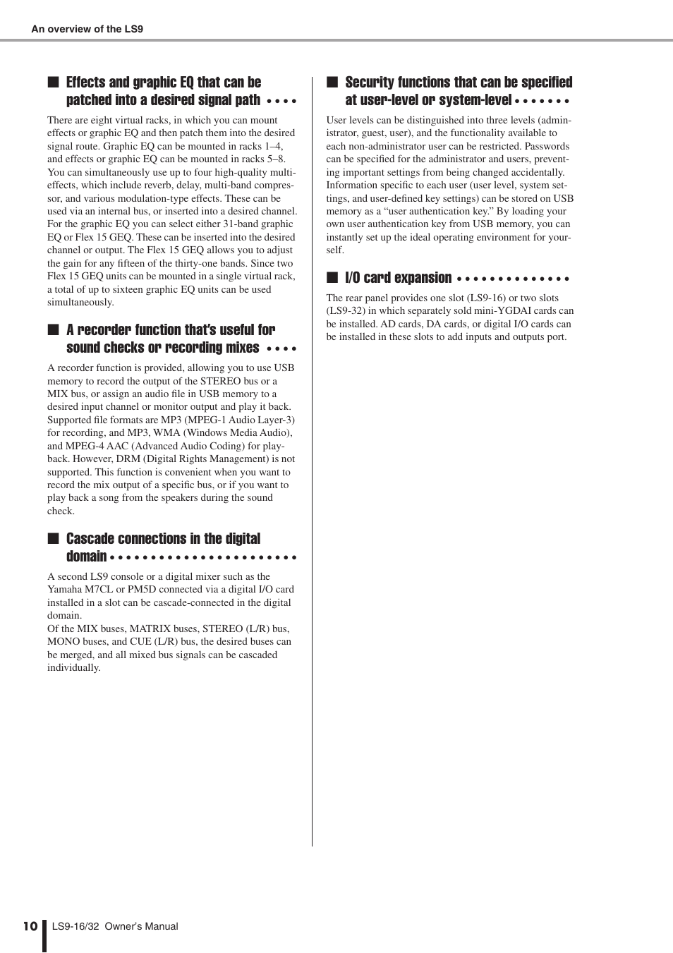 Cascade connections in the digital domain, I/o card expansion | Yamaha WH39070 User Manual | Page 10 / 290