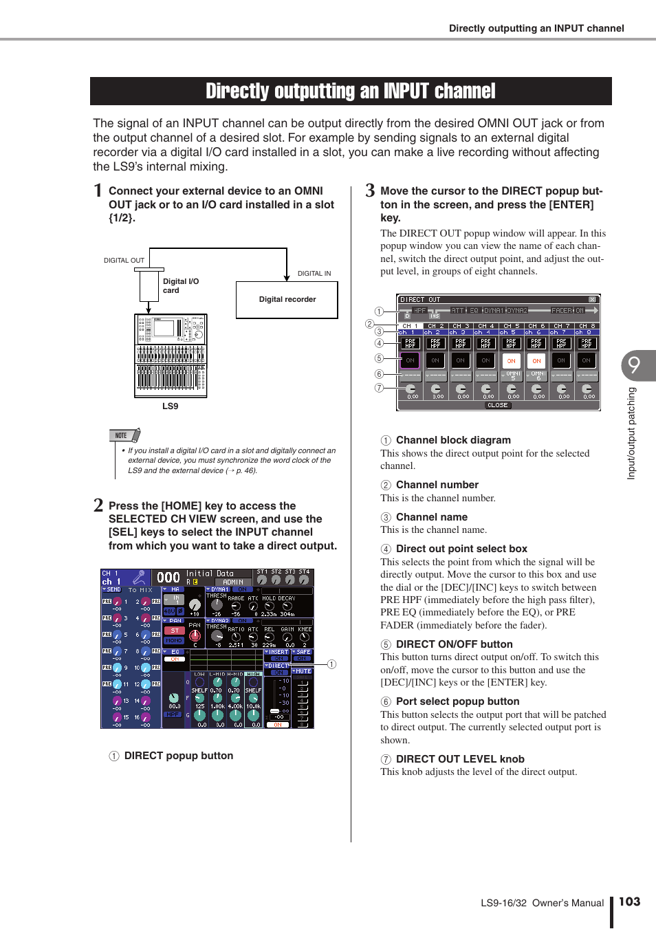 Directly outputting an input channel, Put the input signal directly, P. 103) | Or details on direct output | Yamaha WH39070 User Manual | Page 103 / 290