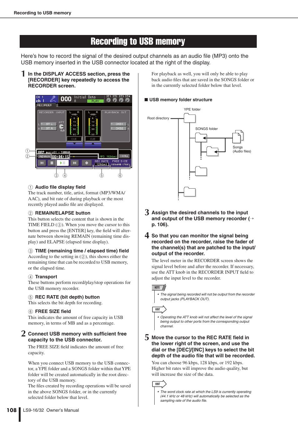 Recording to usb memory | Yamaha WH39070 User Manual | Page 108 / 290