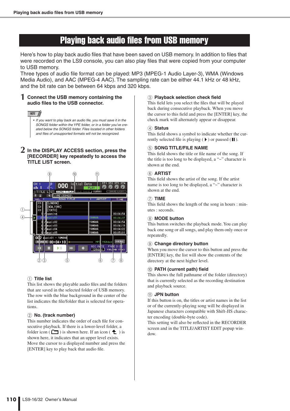 Playing back audio files from usb memory | Yamaha WH39070 User Manual | Page 110 / 290