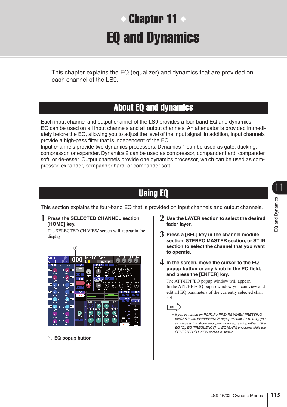 Eq and dynamics, About eq and dynamics, Using eq | P. 115), Chapter 11, About eq and dynamics using eq | Yamaha WH39070 User Manual | Page 115 / 290