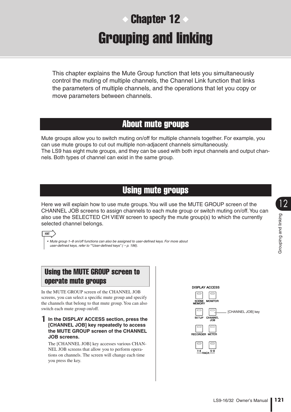 Grouping and linking, About mute groups, Using mute groups | Using the mute group screen to operate mute groups, Using the mute group screen, To operate mute groups, Chapter 12, About mute groups using mute groups | Yamaha WH39070 User Manual | Page 121 / 290