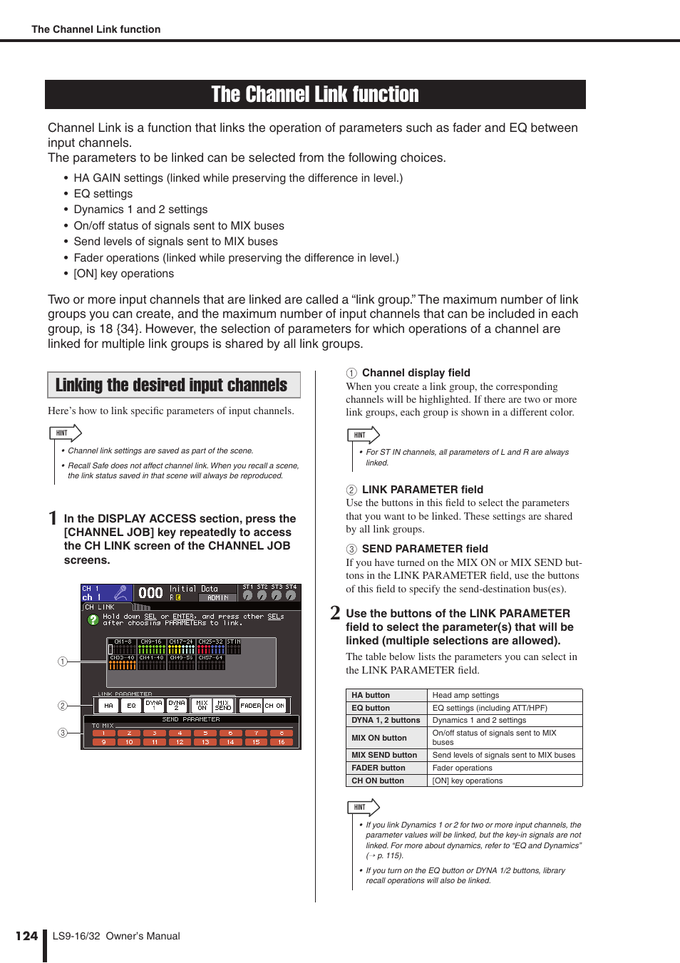 The channel link function, Linking the desired input channels | Yamaha WH39070 User Manual | Page 124 / 290