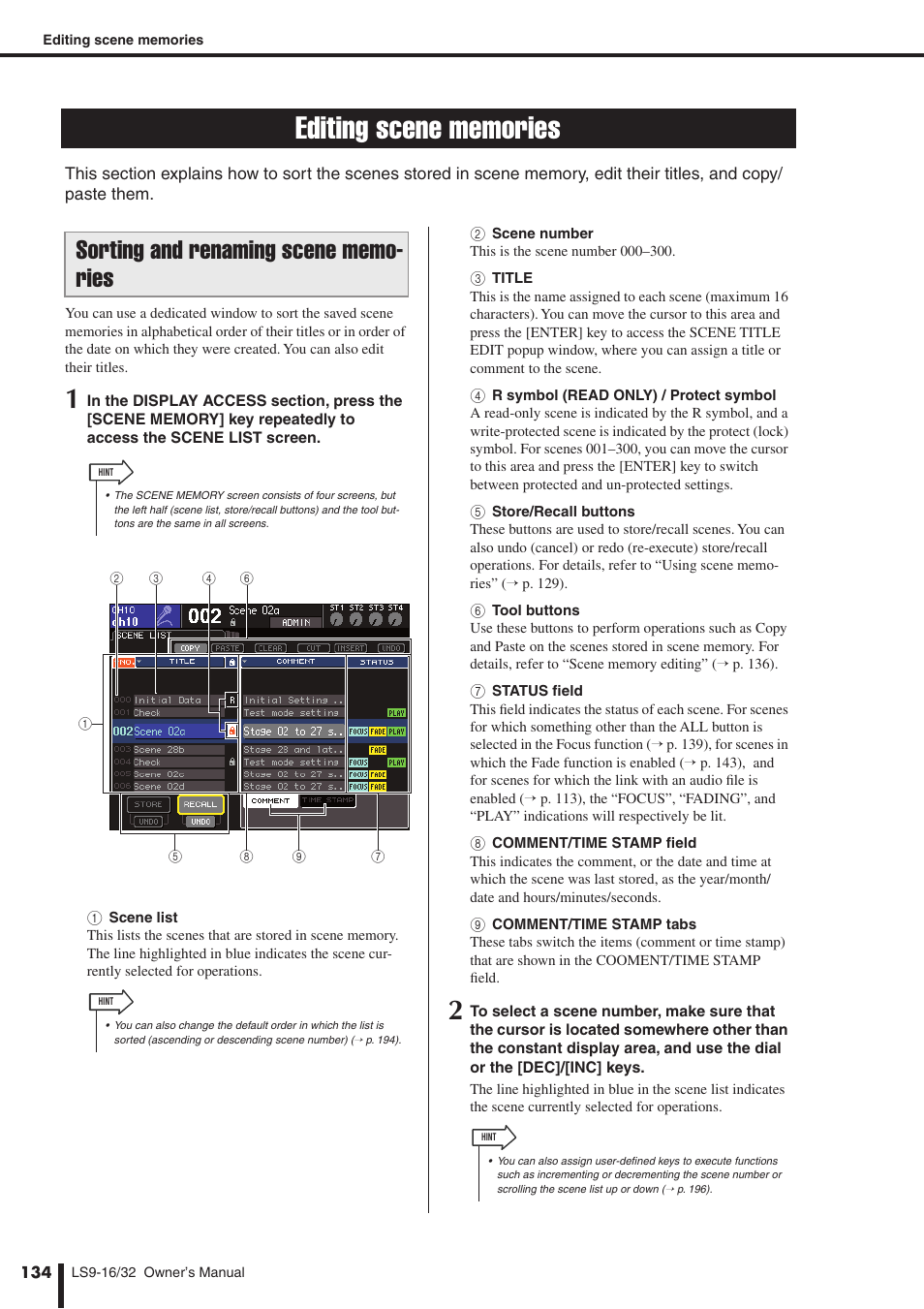 Editing scene memories, Sorting and renaming scene memories | Yamaha WH39070 User Manual | Page 134 / 290