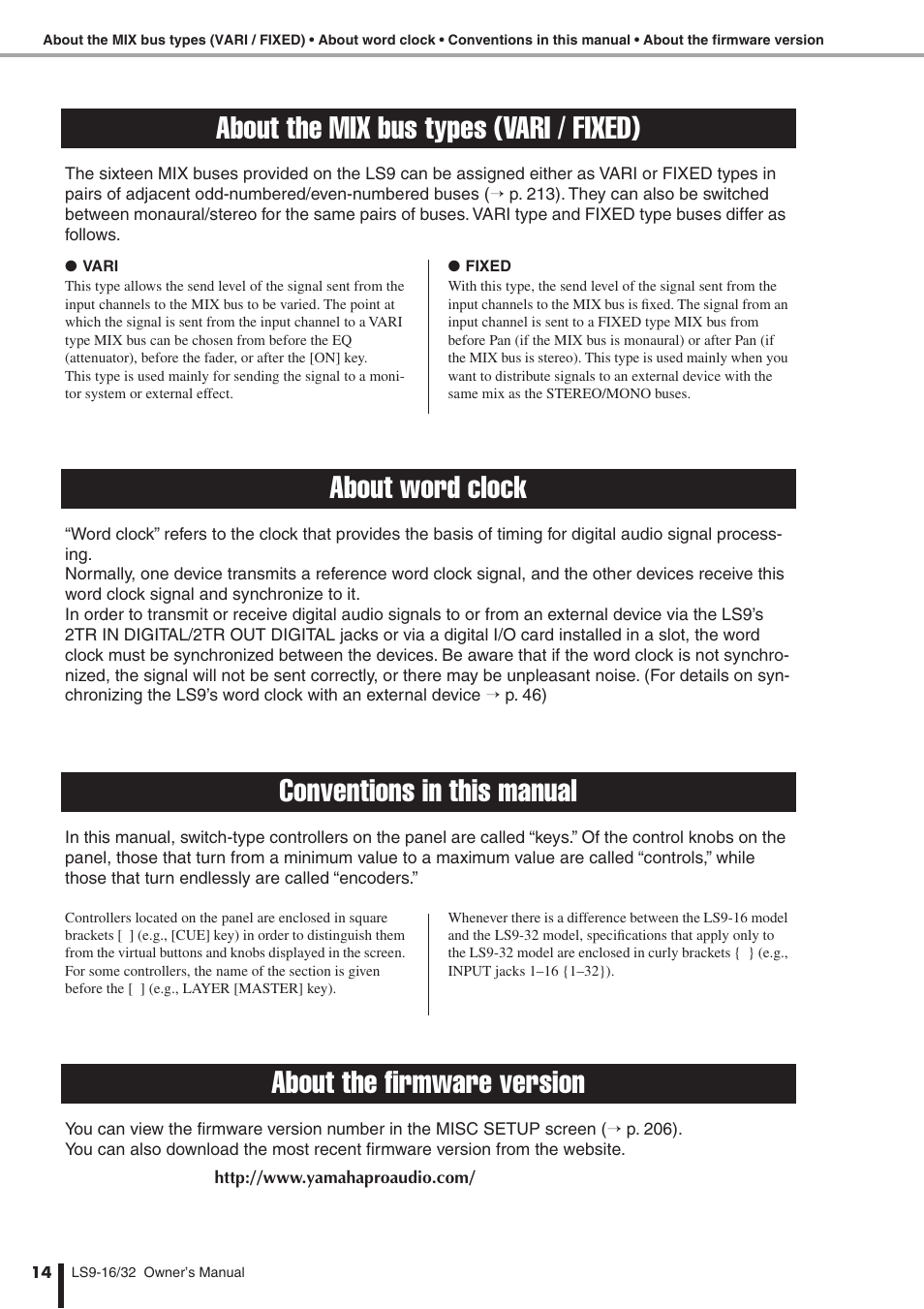 About the mix bus types (vari / fixed), About word clock, Conventions in this manual | About the firmware version | Yamaha WH39070 User Manual | Page 14 / 290