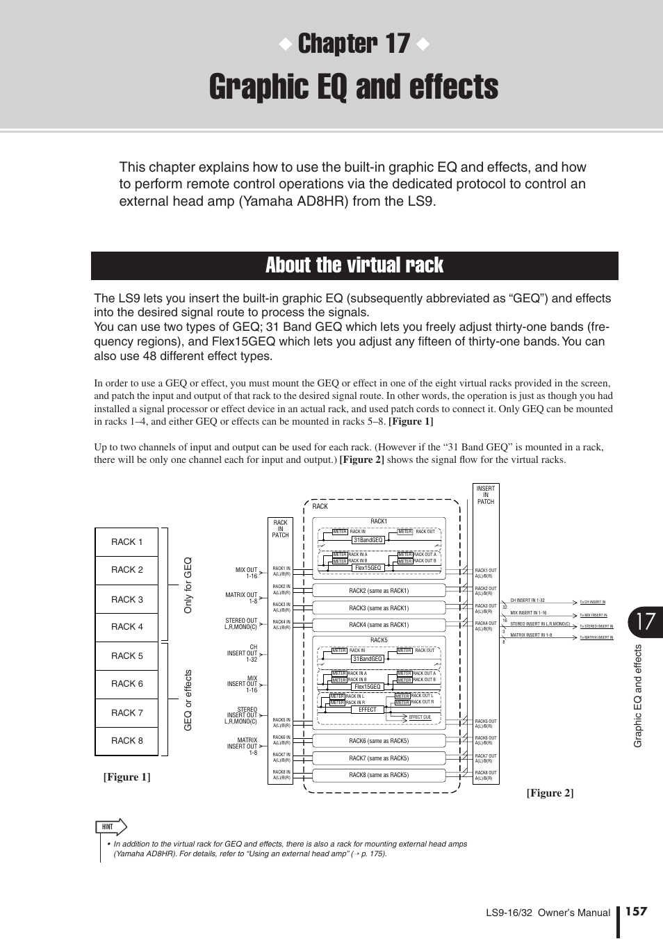 Graphic eq and effects, About the virtual rack, Chapter 17 | Figure 1] [figure 2, Gr aphic eq and eff ects, Only f or geq geq or eff ects | Yamaha WH39070 User Manual | Page 157 / 290