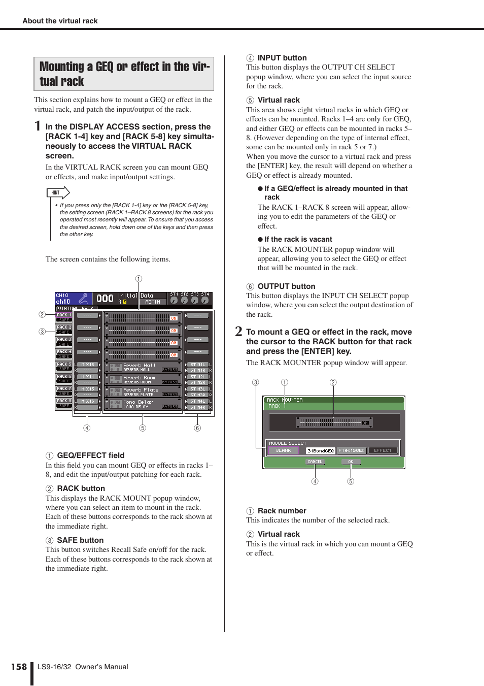 Mounting a geq or effect in the virtual rack, Ck screen, P. 158) | Mounting a geq or effect in the vir- tual rack | Yamaha WH39070 User Manual | Page 158 / 290