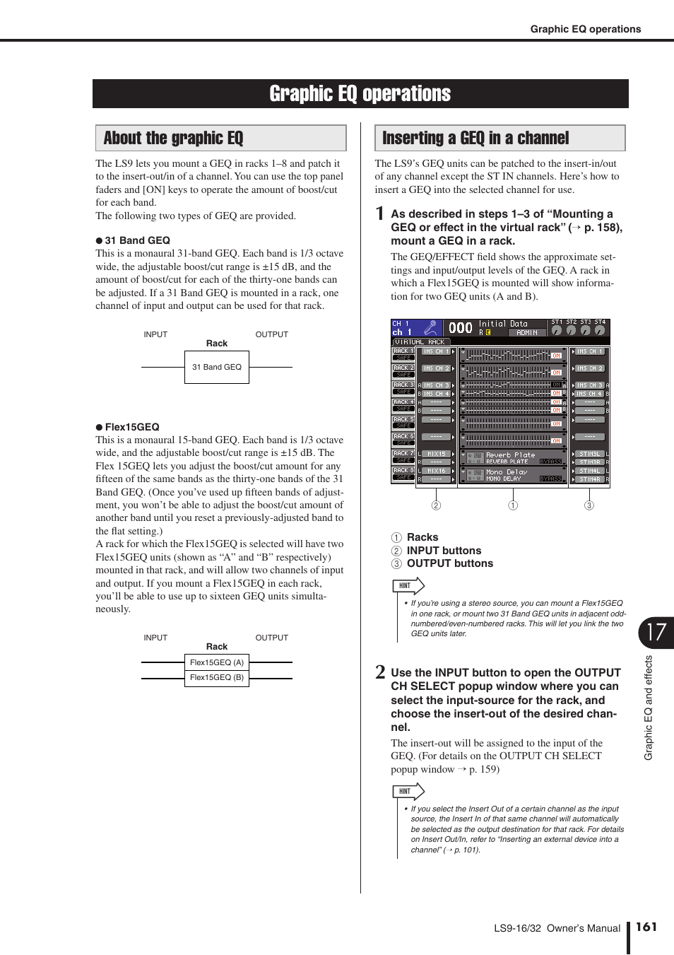 Graphic eq operations, About the graphic eq, Inserting a geq in a channel | Yamaha WH39070 User Manual | Page 161 / 290