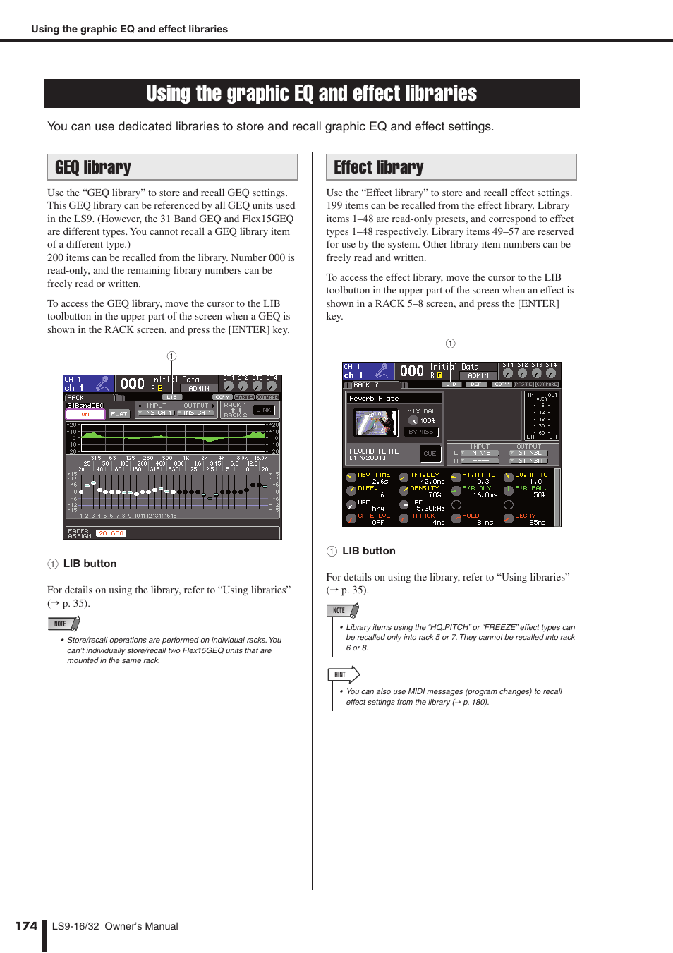 Using the graphic eq and effect libraries, Geq library, Effect library | P. 174) | Yamaha WH39070 User Manual | Page 174 / 290