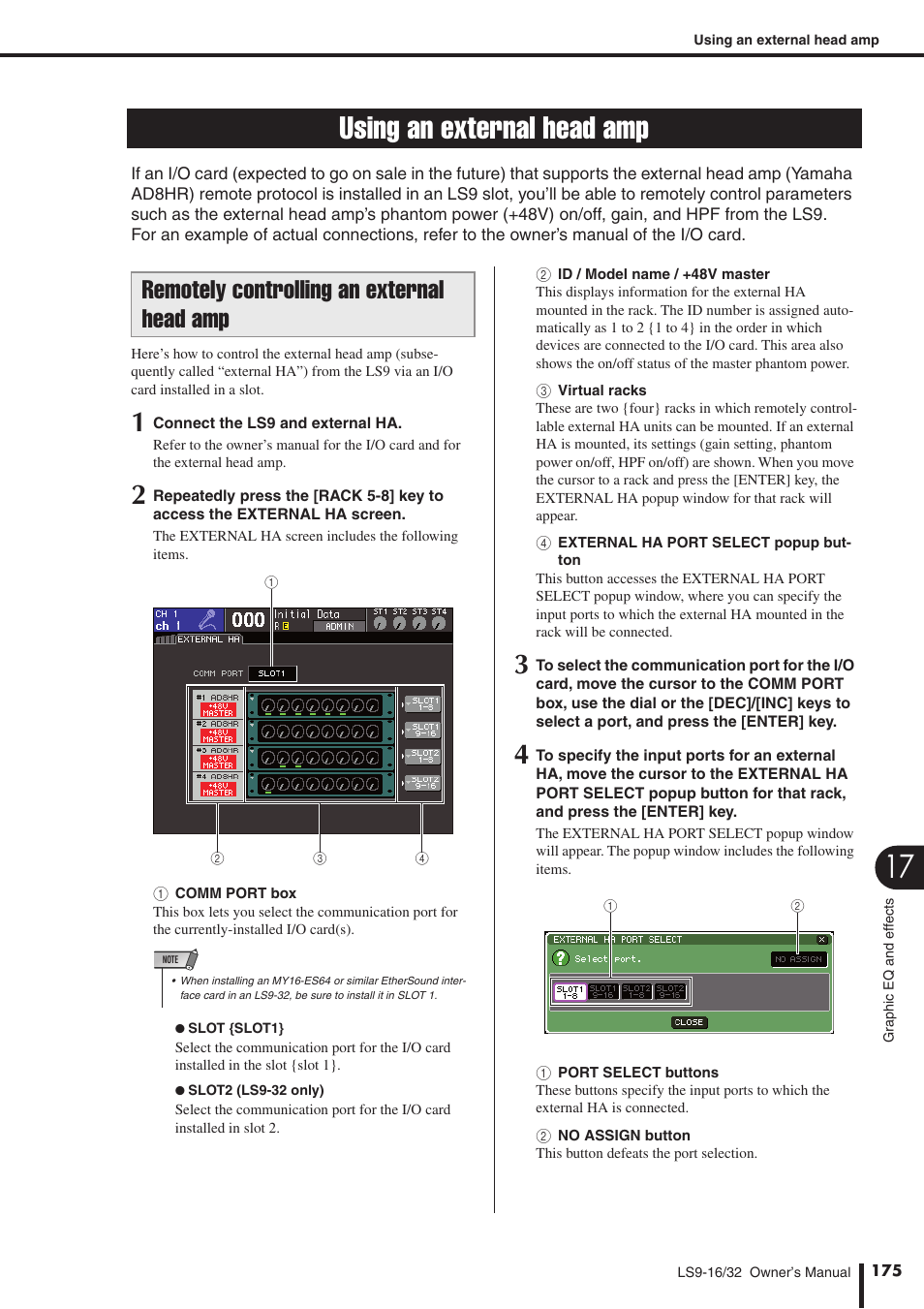 Using an external head amp, Remotely controlling an external head amp, Head amp | P. 175) | Yamaha WH39070 User Manual | Page 175 / 290