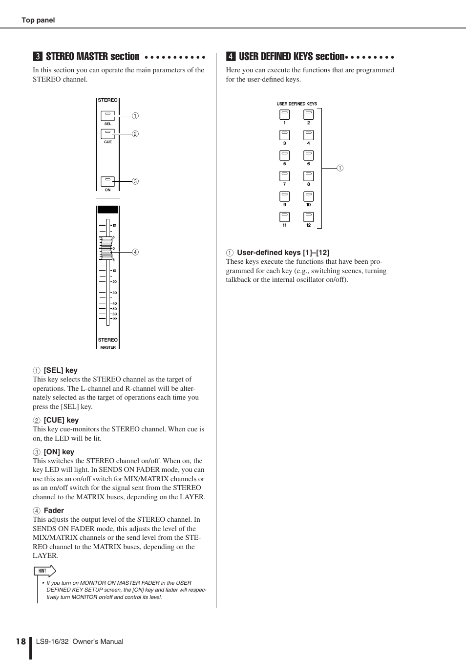 Stereo master section (p. 18), User defined keys section (p. 18) | Yamaha WH39070 User Manual | Page 18 / 290