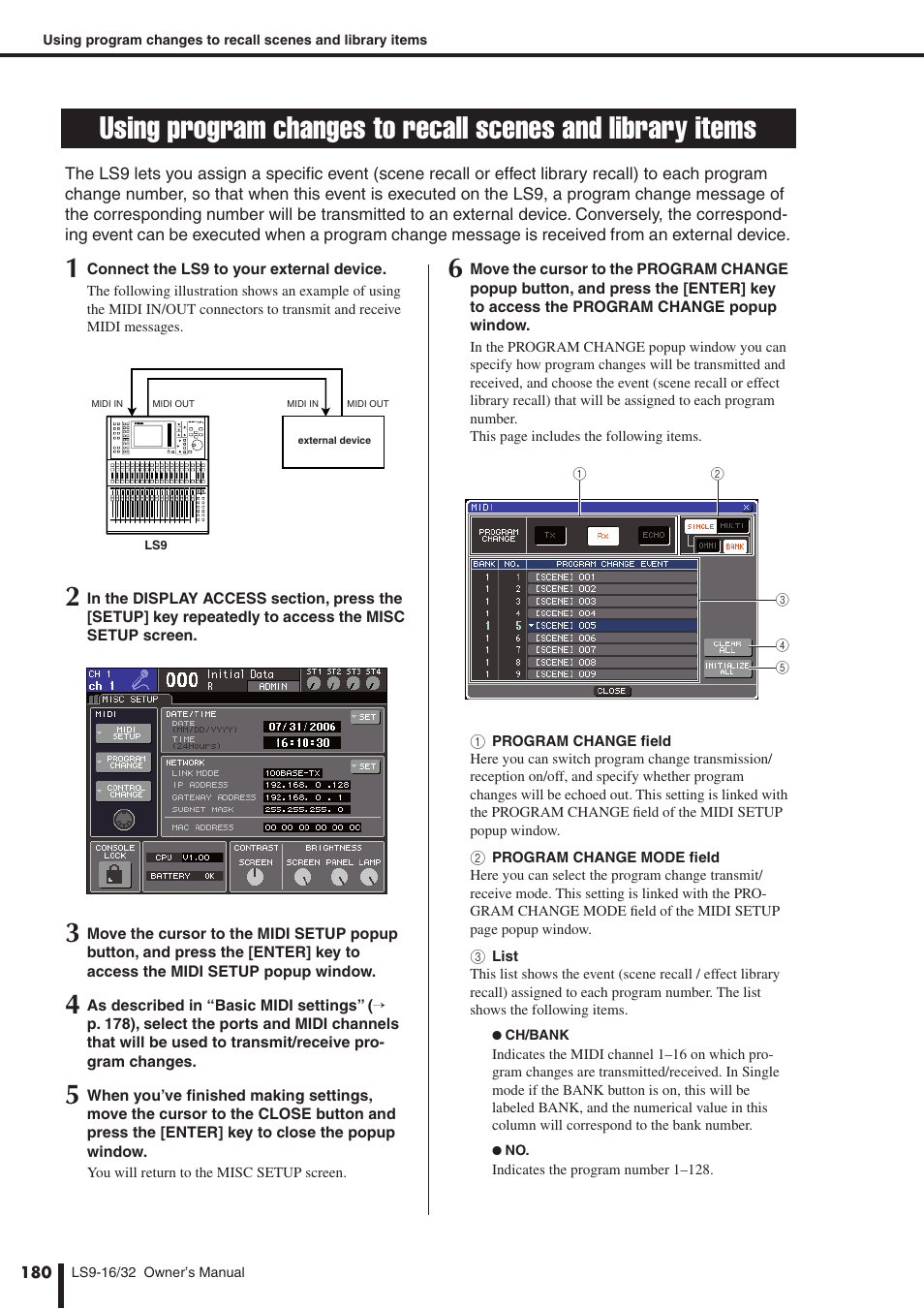 Using program changes, To recall scenes and library items, P. 180) | Using pro, Gram changes to recall scenes and library items | Yamaha WH39070 User Manual | Page 180 / 290