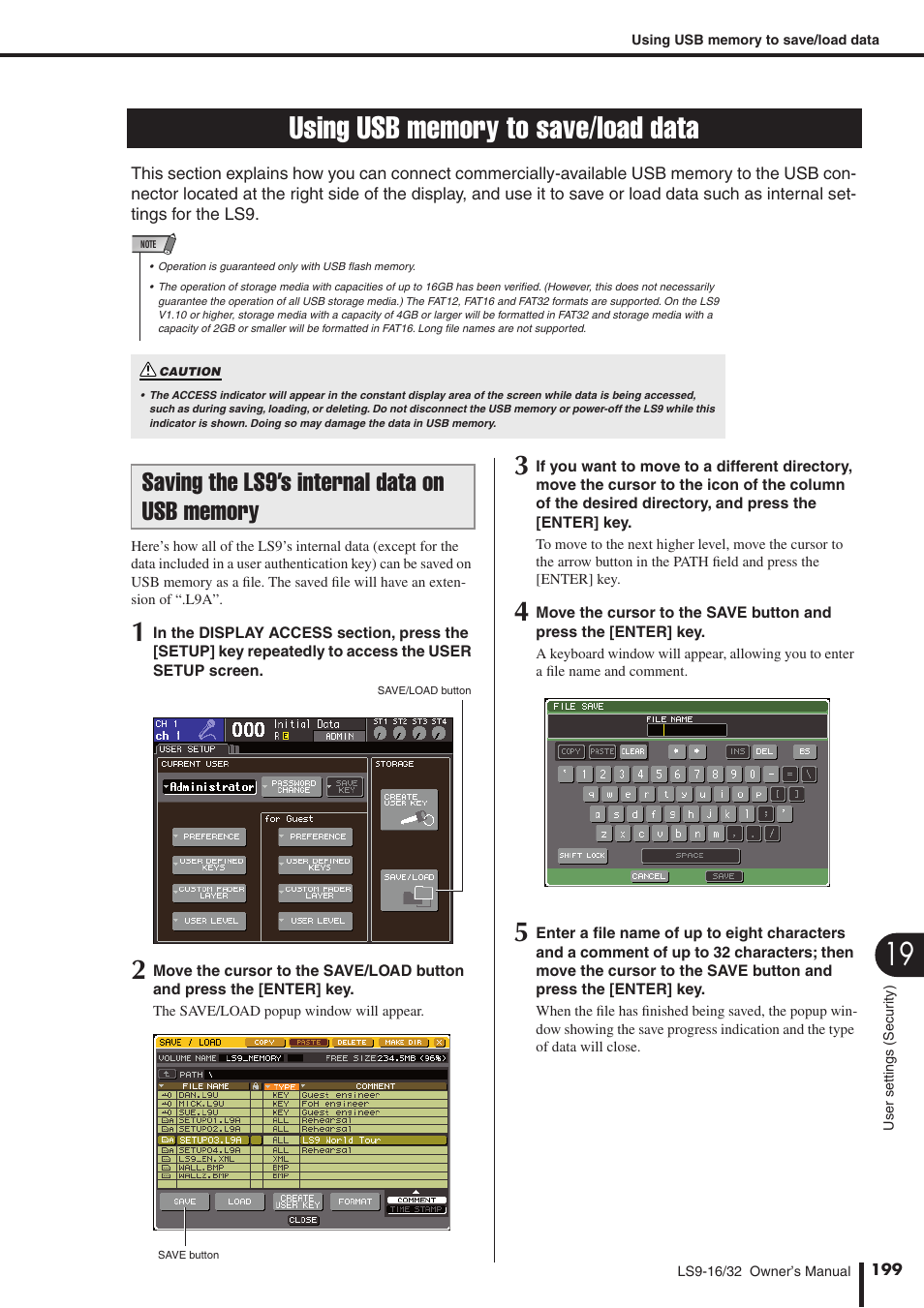 Using usb memory to save/load data, Saving the ls9’s internal data on usb memory, Saving the ls9’s internal data | On usb memory | Yamaha WH39070 User Manual | Page 199 / 290