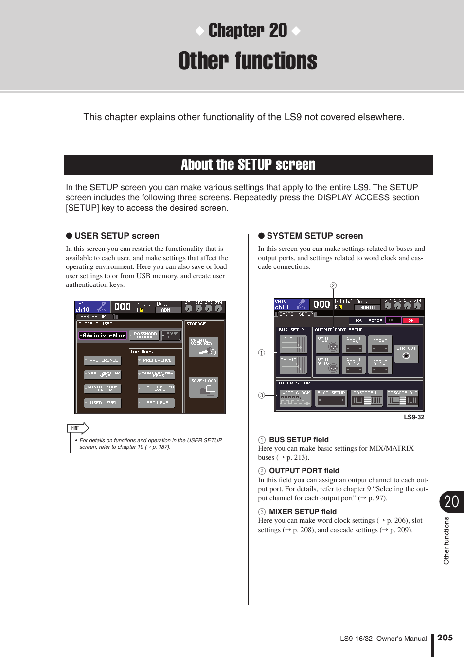 Other functions, About the setup screen, Chapter 20 | Yamaha WH39070 User Manual | Page 205 / 290