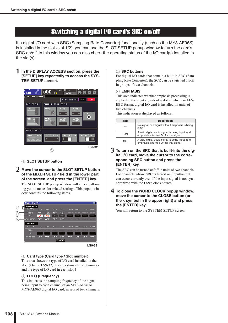 Switching a digital i/o card’s src on/off, P. 208), and cascade settings | Yamaha WH39070 User Manual | Page 208 / 290