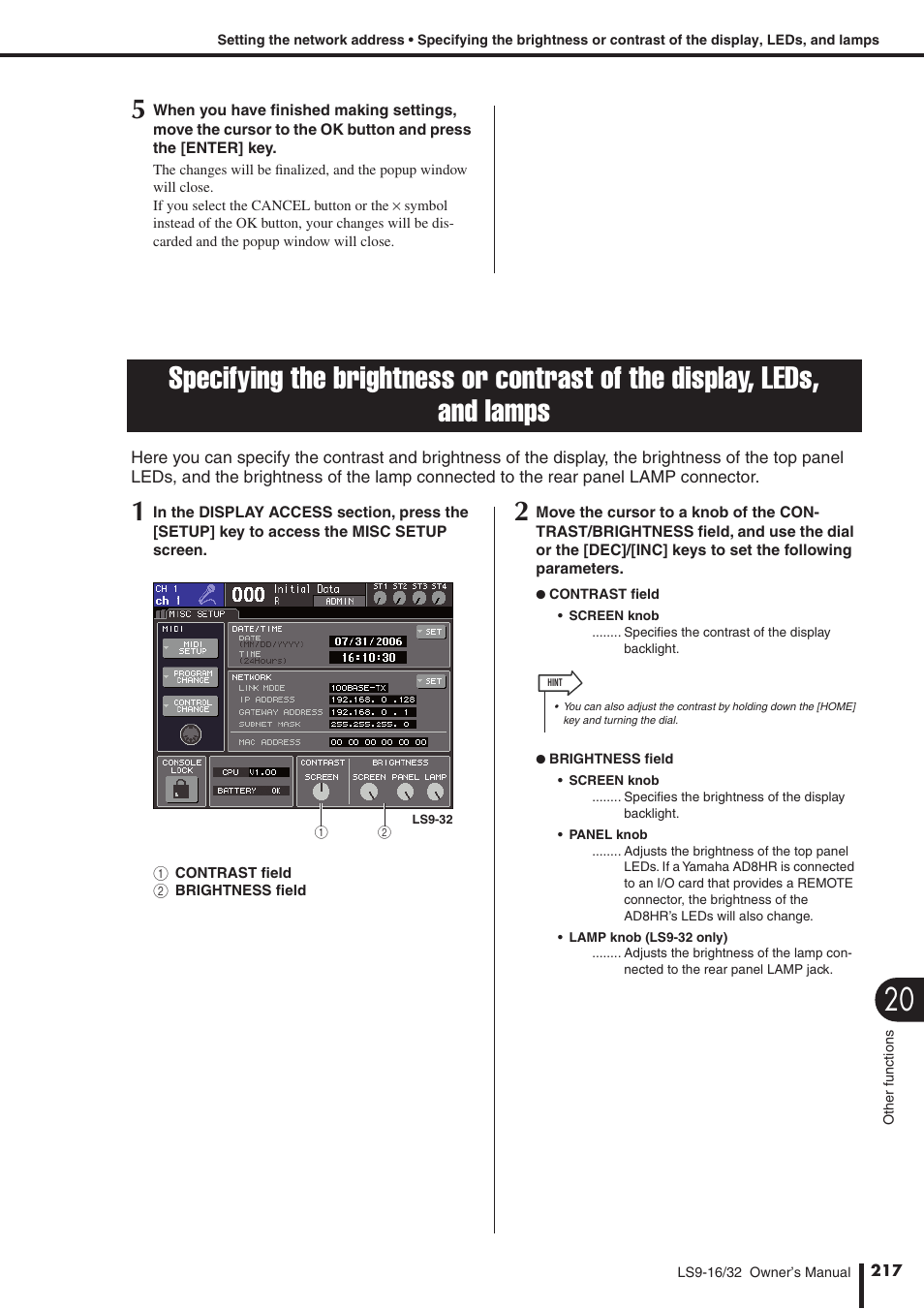 Specifying the brightness or, Contrast of the display, leds, and lamps, Ness of the lamp connected to the lamp connector | P. 217) | Yamaha WH39070 User Manual | Page 217 / 290