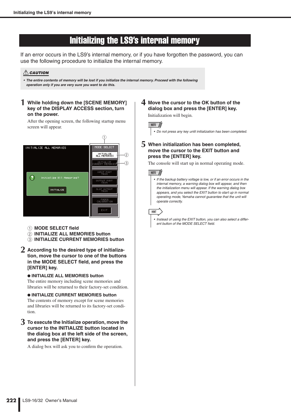 Initializing the ls9’s internal memory, Er to “initializing the ls9’s internal memory, P. 222) | Yamaha WH39070 User Manual | Page 222 / 290