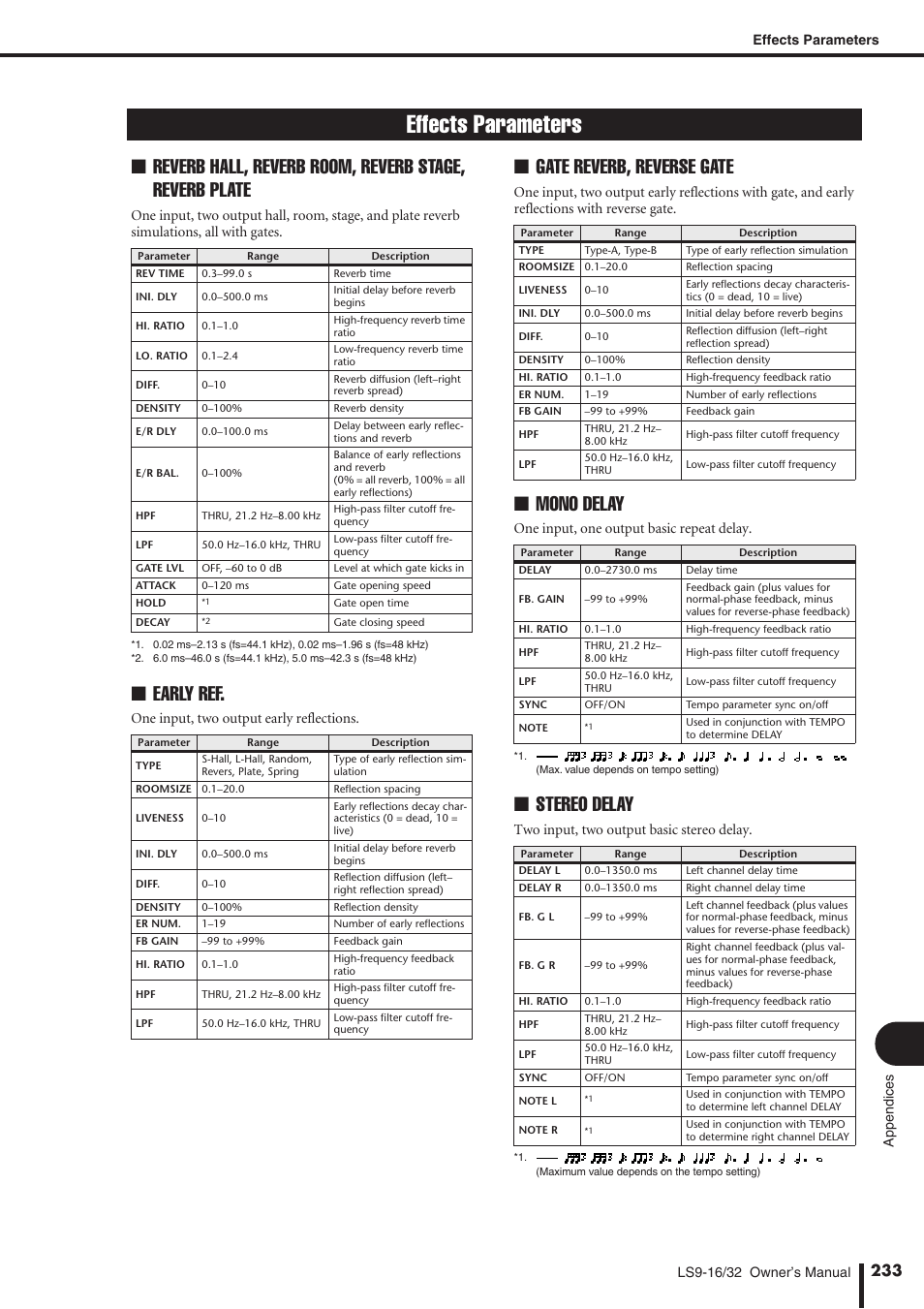 Effects parameters, P. 233), Early ref | Gate reverb, reverse gate, Mono delay, Stereo delay, One input, two output early reflections, One input, one output basic repeat delay, Two input, two output basic stereo delay | Yamaha WH39070 User Manual | Page 233 / 290