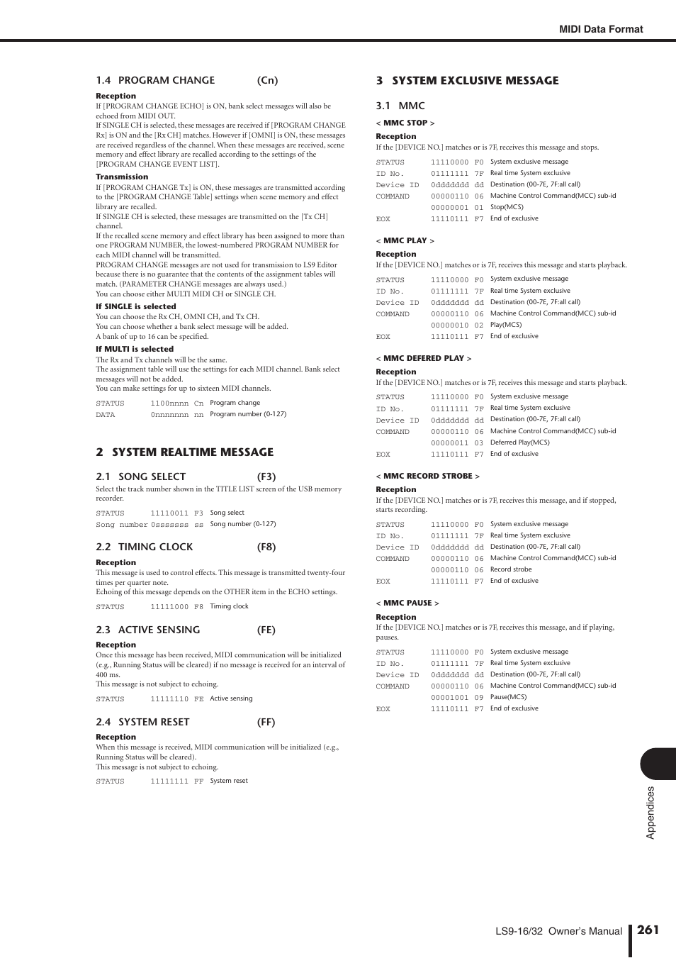 2 system realtime message, 3 system exclusive message | Yamaha WH39070 User Manual | Page 261 / 290