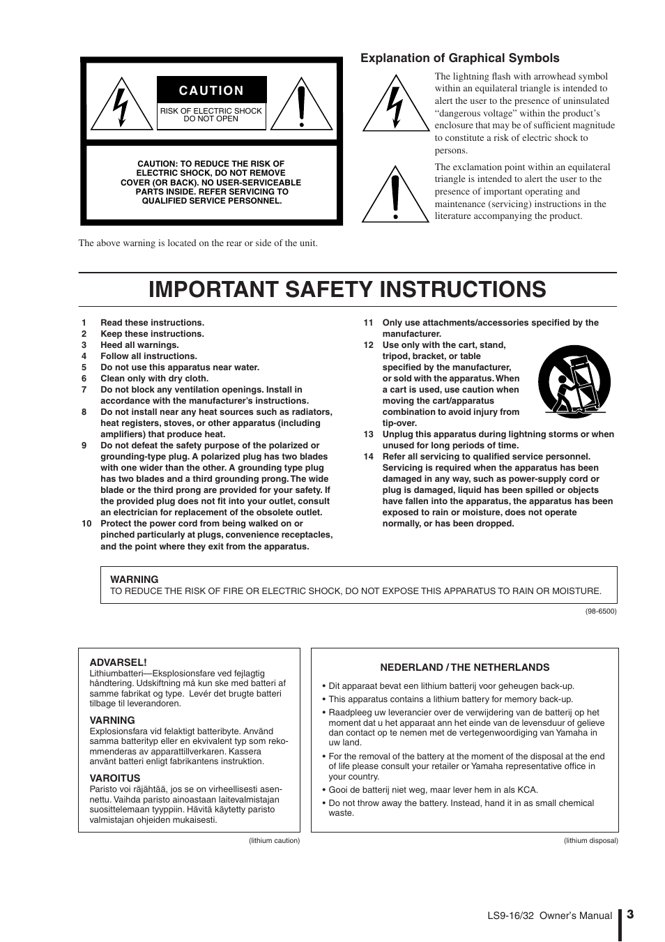 Important safety instructions, Explanation of graphical symbols | Yamaha WH39070 User Manual | Page 3 / 290