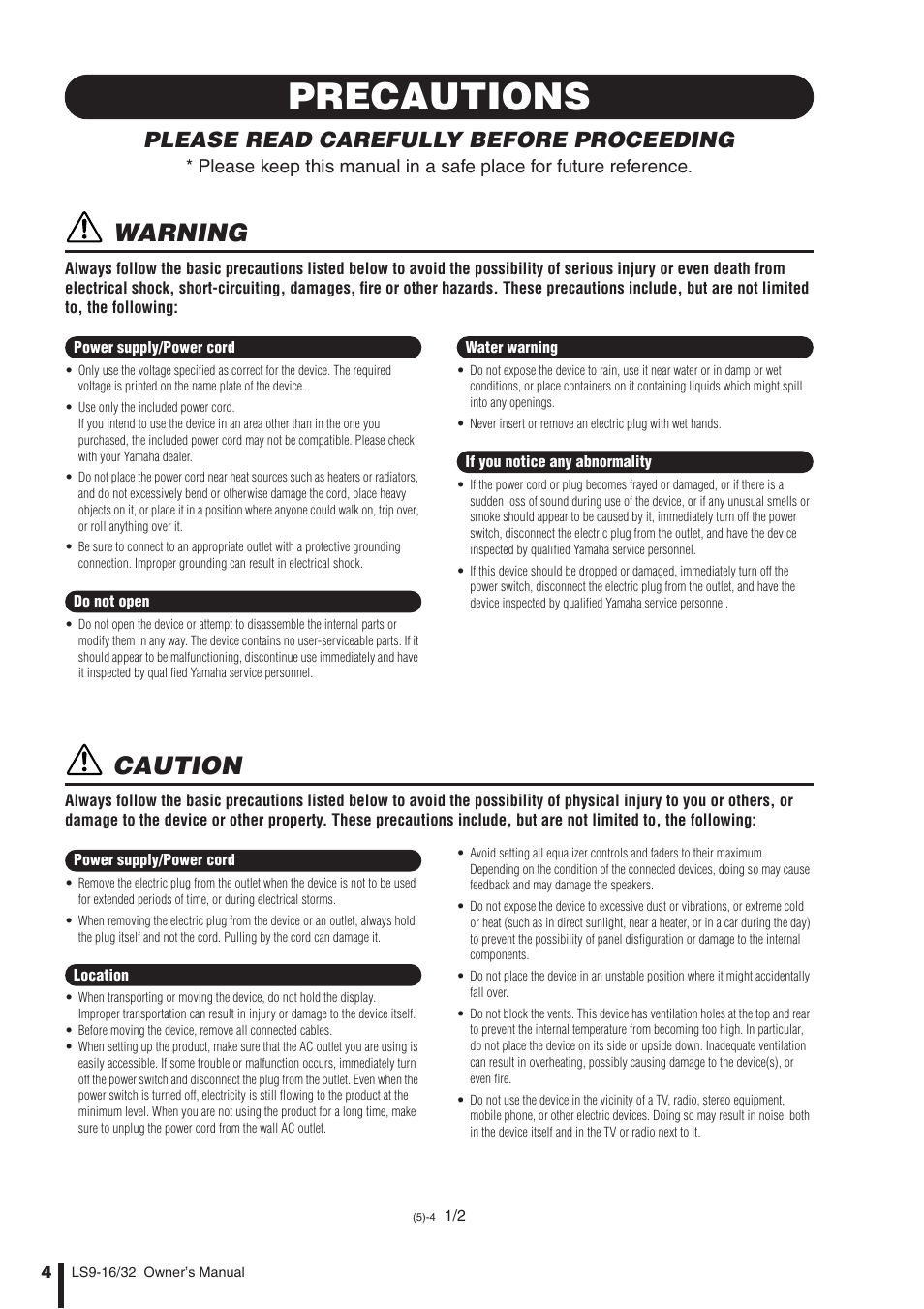 Precautions, Warning, Caution | Please read carefully before proceeding | Yamaha WH39070 User Manual | Page 4 / 290