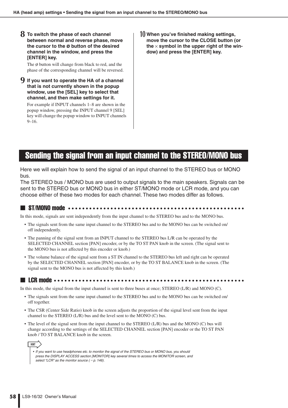 Sending the signal from, An input channel to the stereo/mono bus, St/mono mode | Lcr mode | Yamaha WH39070 User Manual | Page 58 / 290