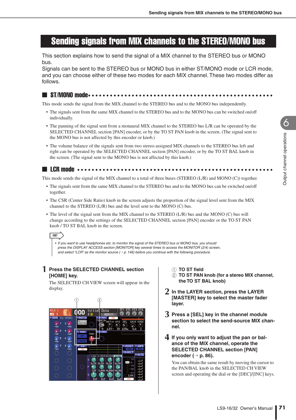 Sending signals from mix channels, To the stereo/mono bus, St/mono mode | Lcr mode | Yamaha WH39070 User Manual | Page 71 / 290