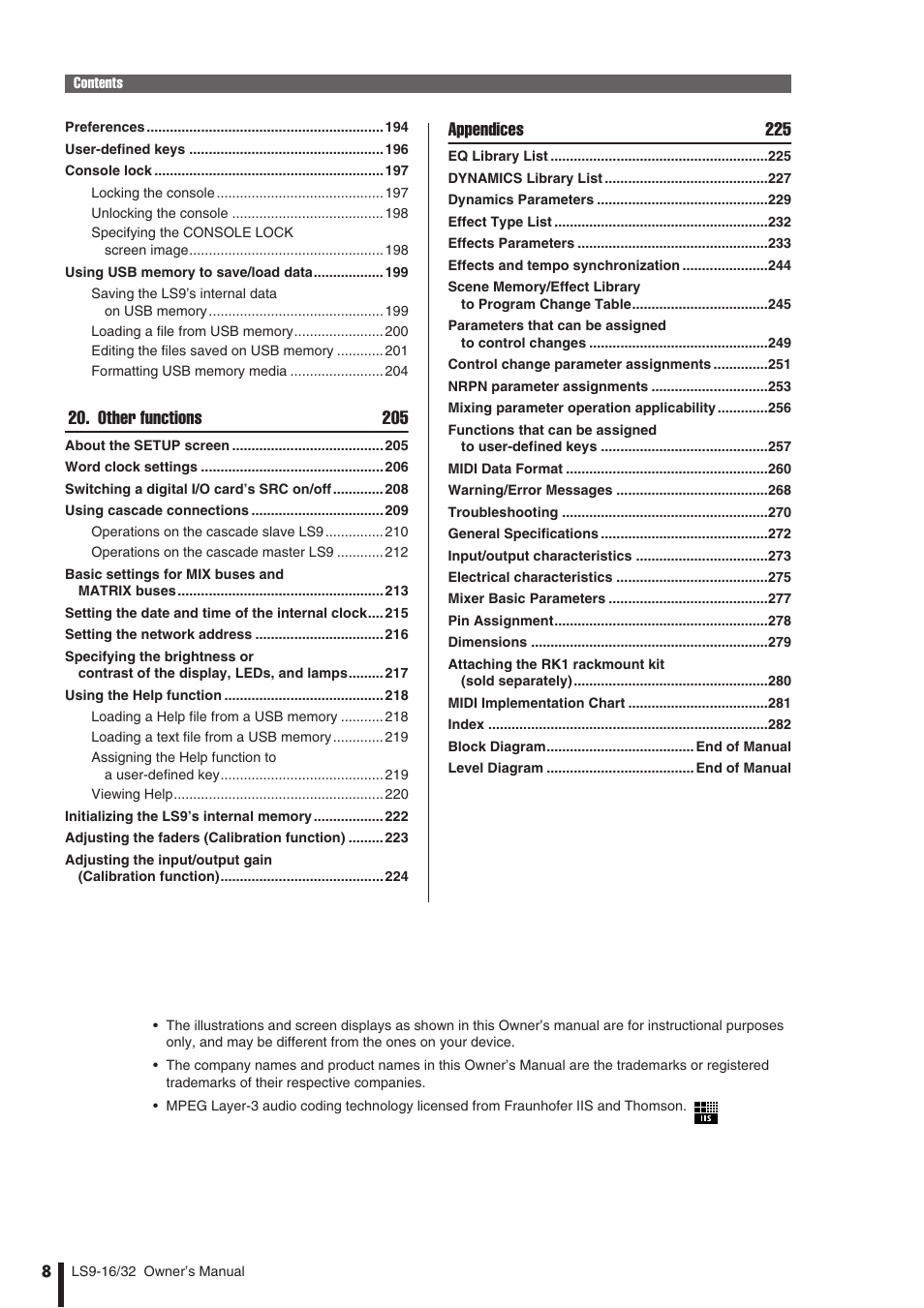 Other functions 205, Appendices 225 | Yamaha WH39070 User Manual | Page 8 / 290