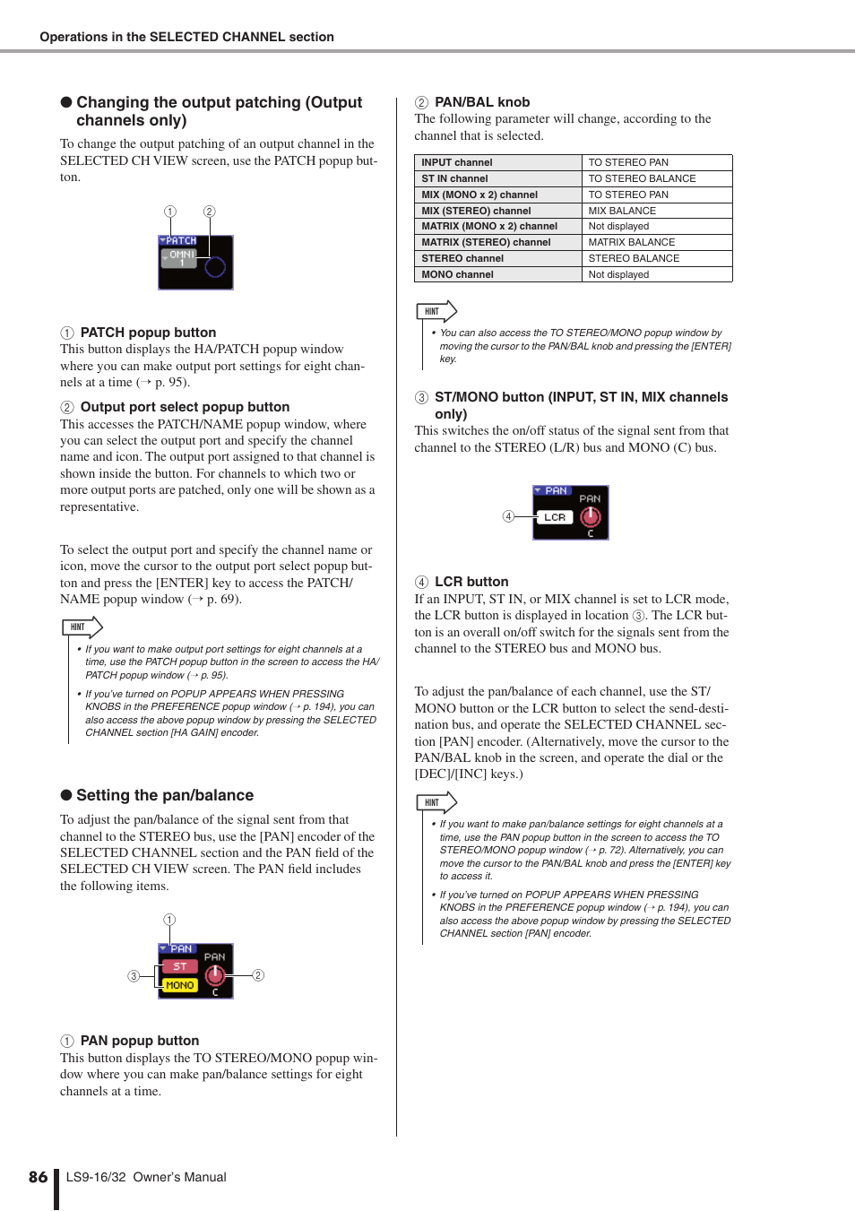 P. 86), Encoder, Setting the pan/balance | Yamaha WH39070 User Manual | Page 86 / 290