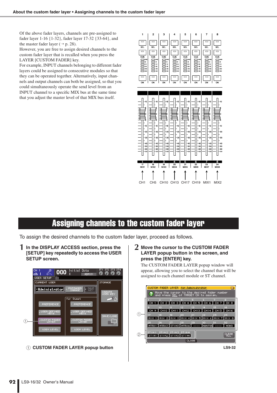 Assigning channels to the custom fader layer | Yamaha WH39070 User Manual | Page 92 / 290