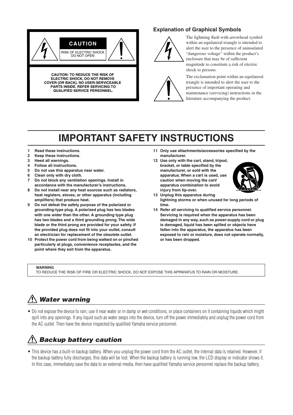Important safety instructions, Water warning, Backup battery caution | Yamaha DME4io-ES User Manual | Page 2 / 48