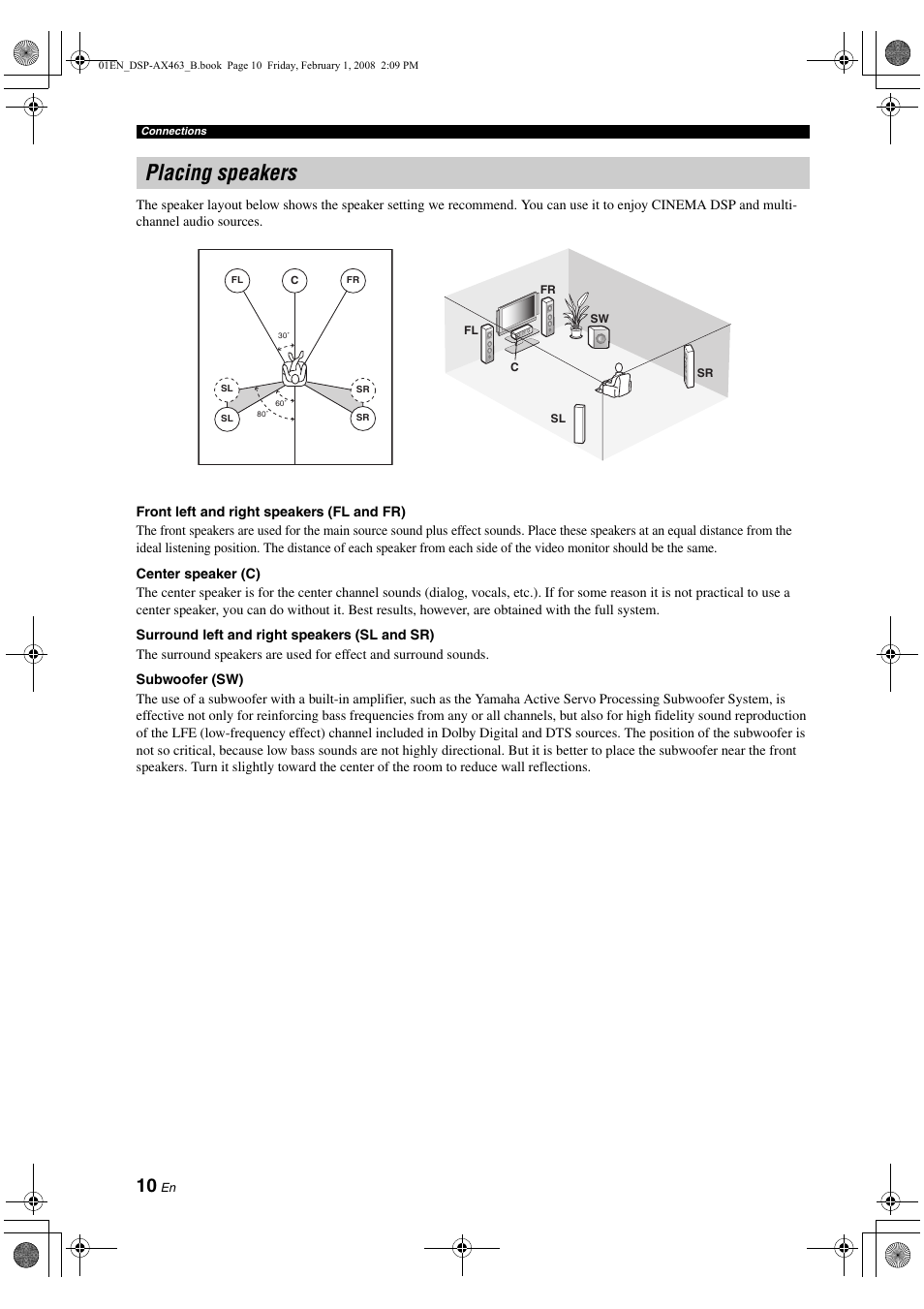 Placing speakers | Yamaha DSP-AX463 User Manual | Page 12 / 90