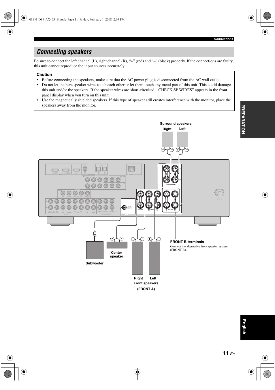 Connecting speakers, P. 11, Connections | Yamaha DSP-AX463 User Manual | Page 13 / 90