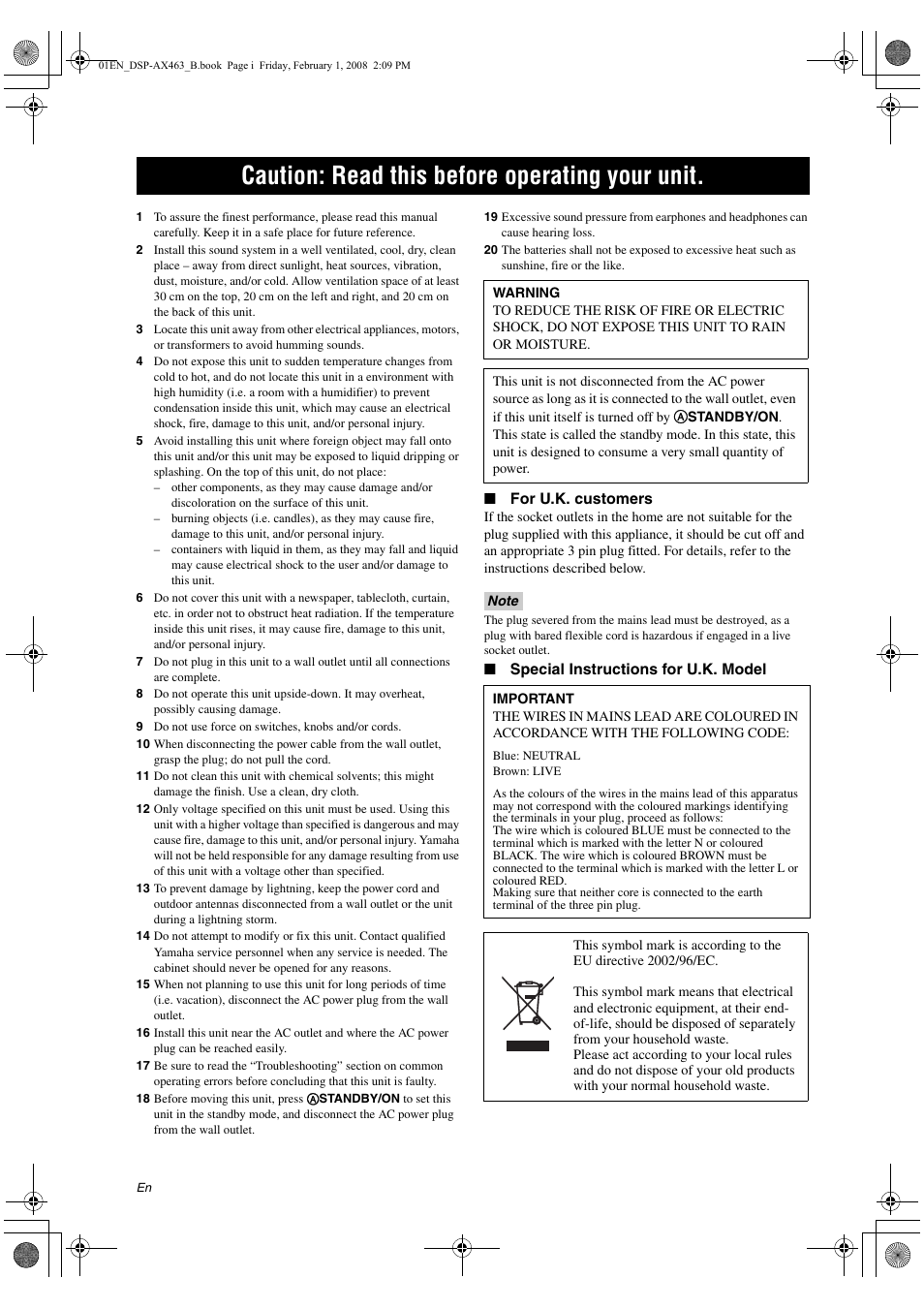 English, Caution: read this before operating your unit | Yamaha DSP-AX463 User Manual | Page 2 / 90
