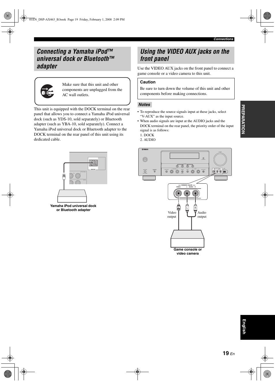 Using the video aux jacks on the front panel, Connecting a yamaha ipod™ universal dock, Or bluetooth™ adapter | P. 19 | Yamaha DSP-AX463 User Manual | Page 21 / 90