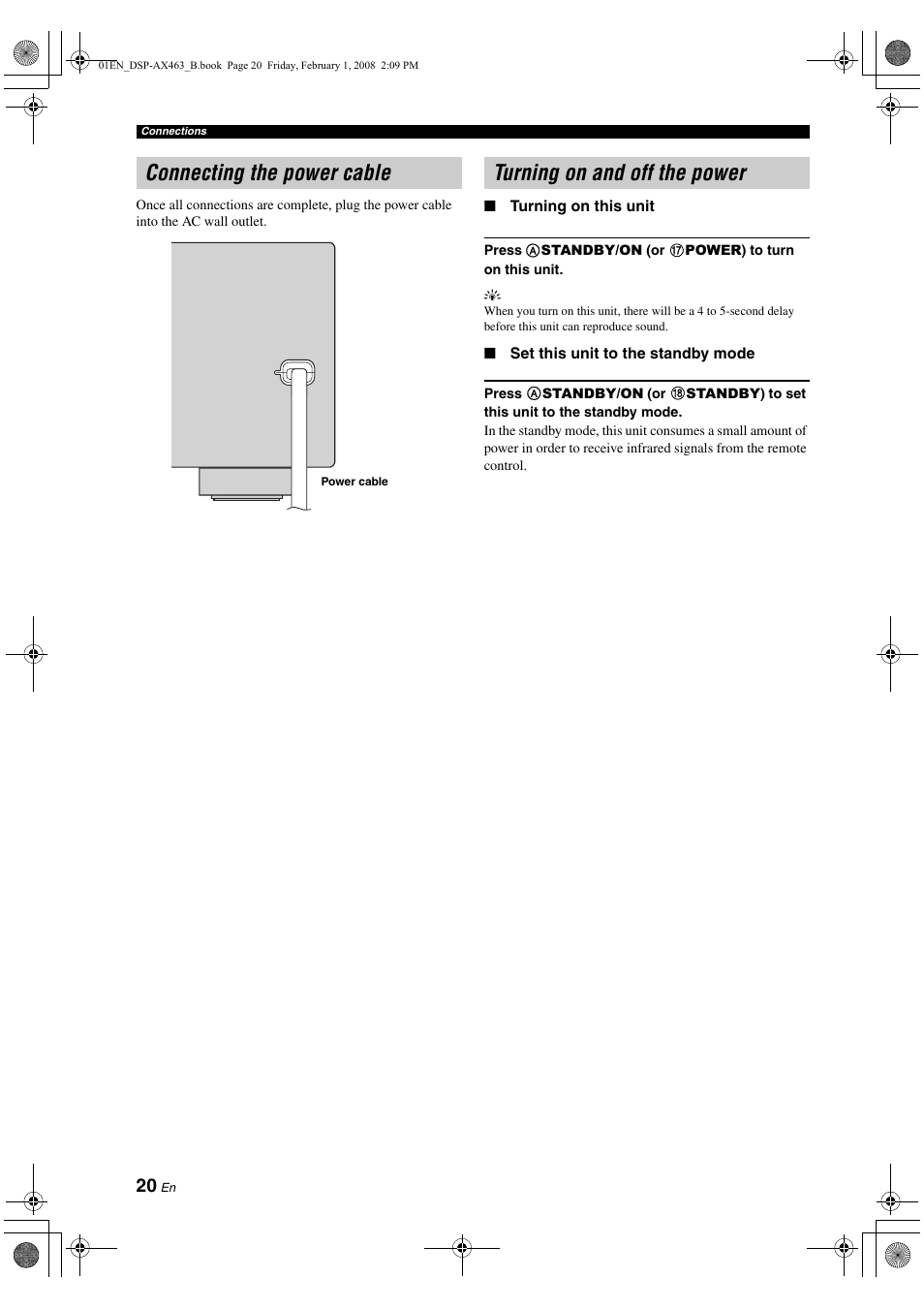 Connecting the power cable, Turning on and off the power | Yamaha DSP-AX463 User Manual | Page 22 / 90