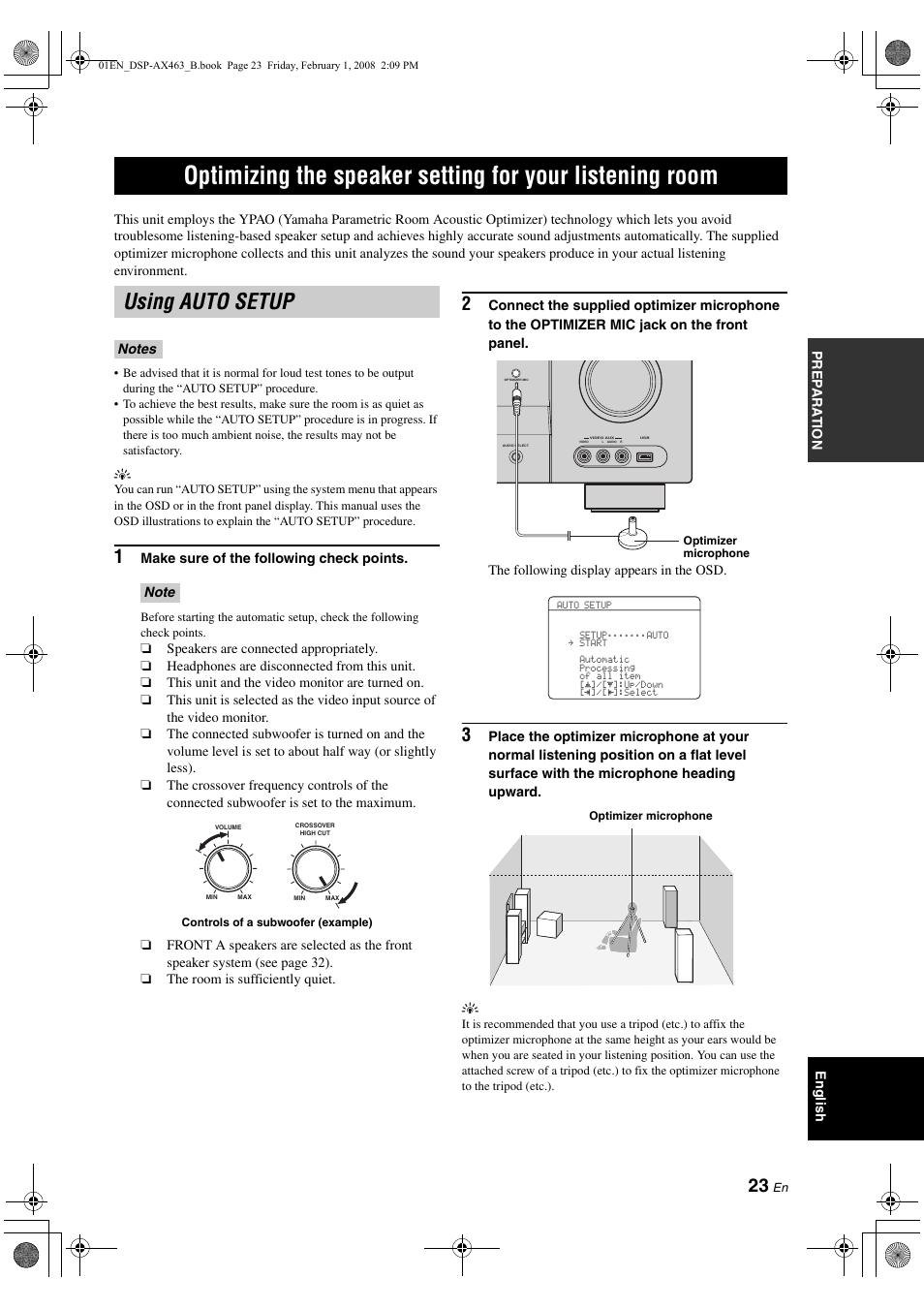 Using auto setup, Optimizing the speaker setting, For your listening room | P. 23 | Yamaha DSP-AX463 User Manual | Page 25 / 90