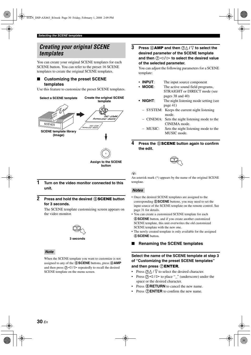 Creating your original scene templates, P. 30 | Yamaha DSP-AX463 User Manual | Page 32 / 90