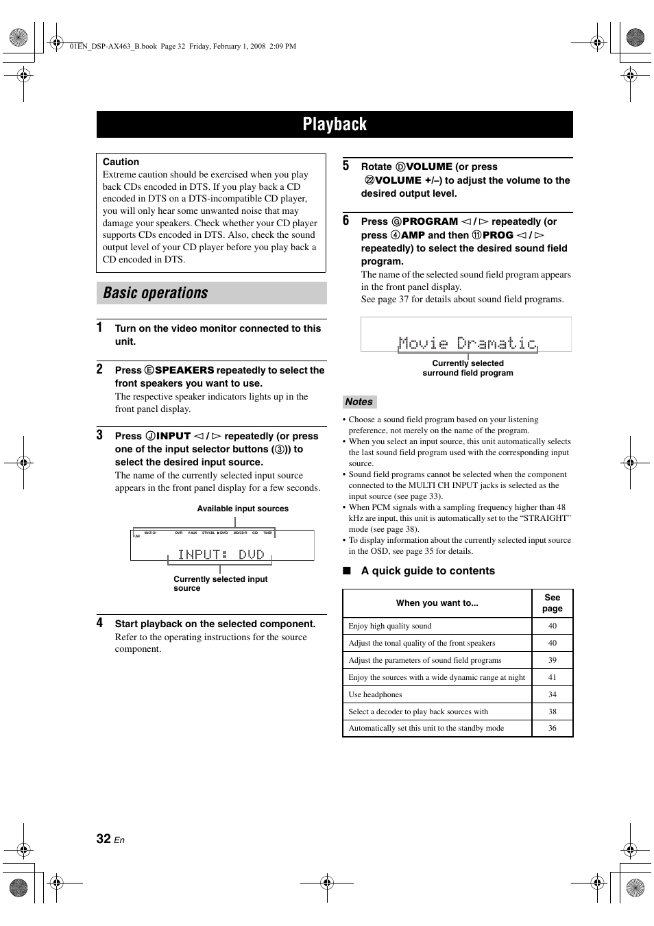 Playback, Basic operations, P. 32 | Movie dramatic, Input: dvd | Yamaha DSP-AX463 User Manual | Page 34 / 90