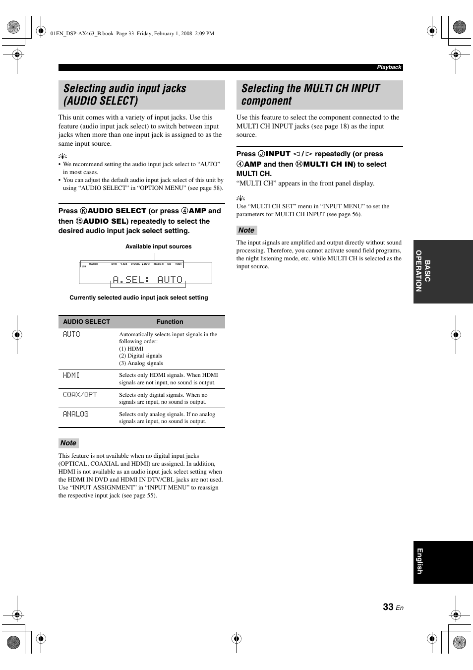 Selecting audio input jacks (audio select), Selecting the multi ch input component, Selecting audio input jacks | Audio select), A.sel: auto | Yamaha DSP-AX463 User Manual | Page 35 / 90