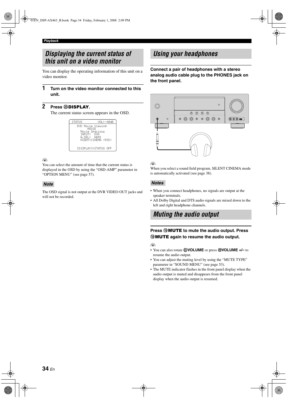 Using your headphones, Muting the audio output, Displaying the current status of this unit | On a video monitor, Using your headphones muting the audio output | Yamaha DSP-AX463 User Manual | Page 36 / 90