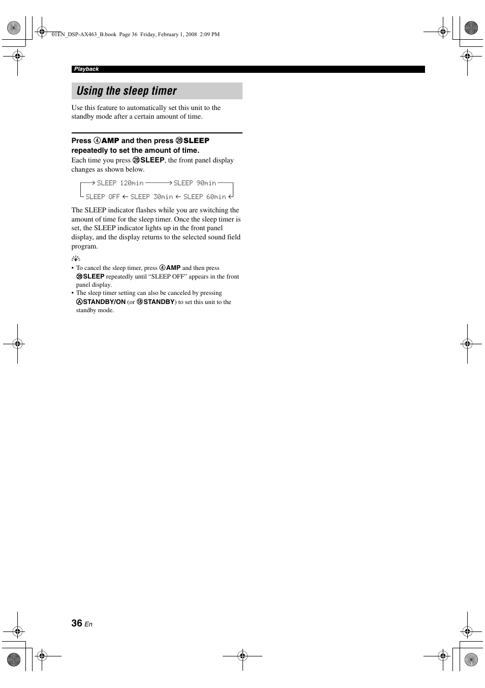 Using the sleep timer, P. 36 | Yamaha DSP-AX463 User Manual | Page 38 / 90