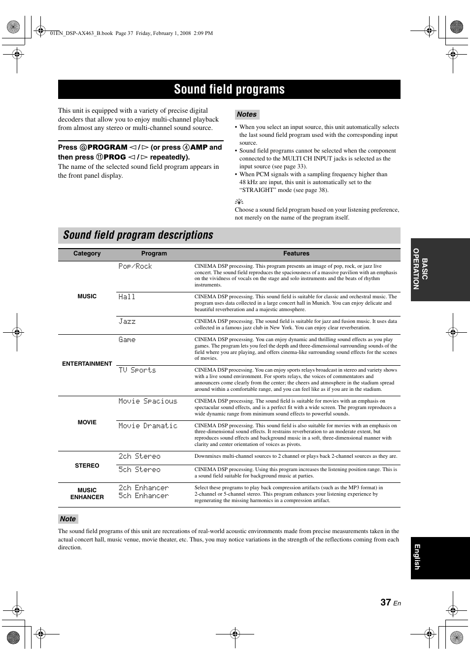 Sound field programs, Sound field program descriptions, P. 37 | Yamaha DSP-AX463 User Manual | Page 39 / 90