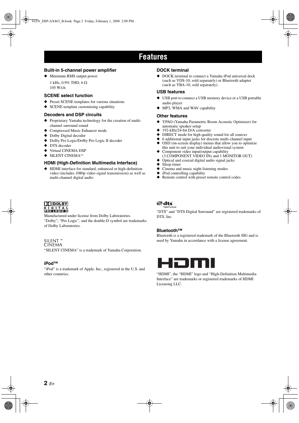 Features | Yamaha DSP-AX463 User Manual | Page 4 / 90