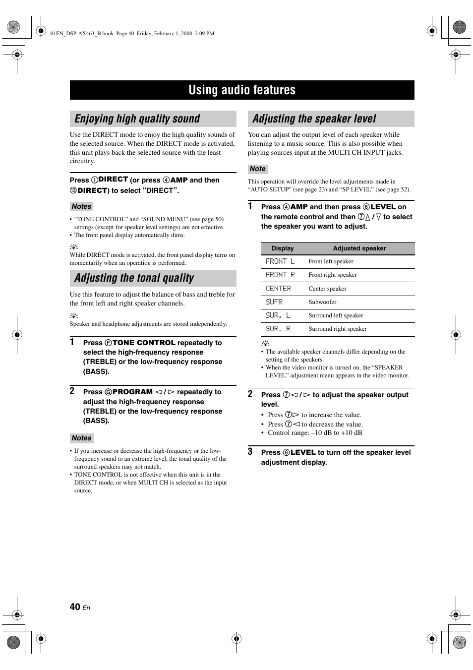 Using audio features, Enjoying high quality sound, Adjusting the tonal quality | Adjusting the speaker level, P. 40, 8 and 40 | Yamaha DSP-AX463 User Manual | Page 42 / 90